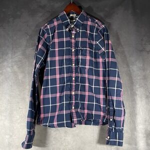 Abercrombie & Fitch Mens Muscle Fit Plaid Button Down Shirt Navy Pink Large L
